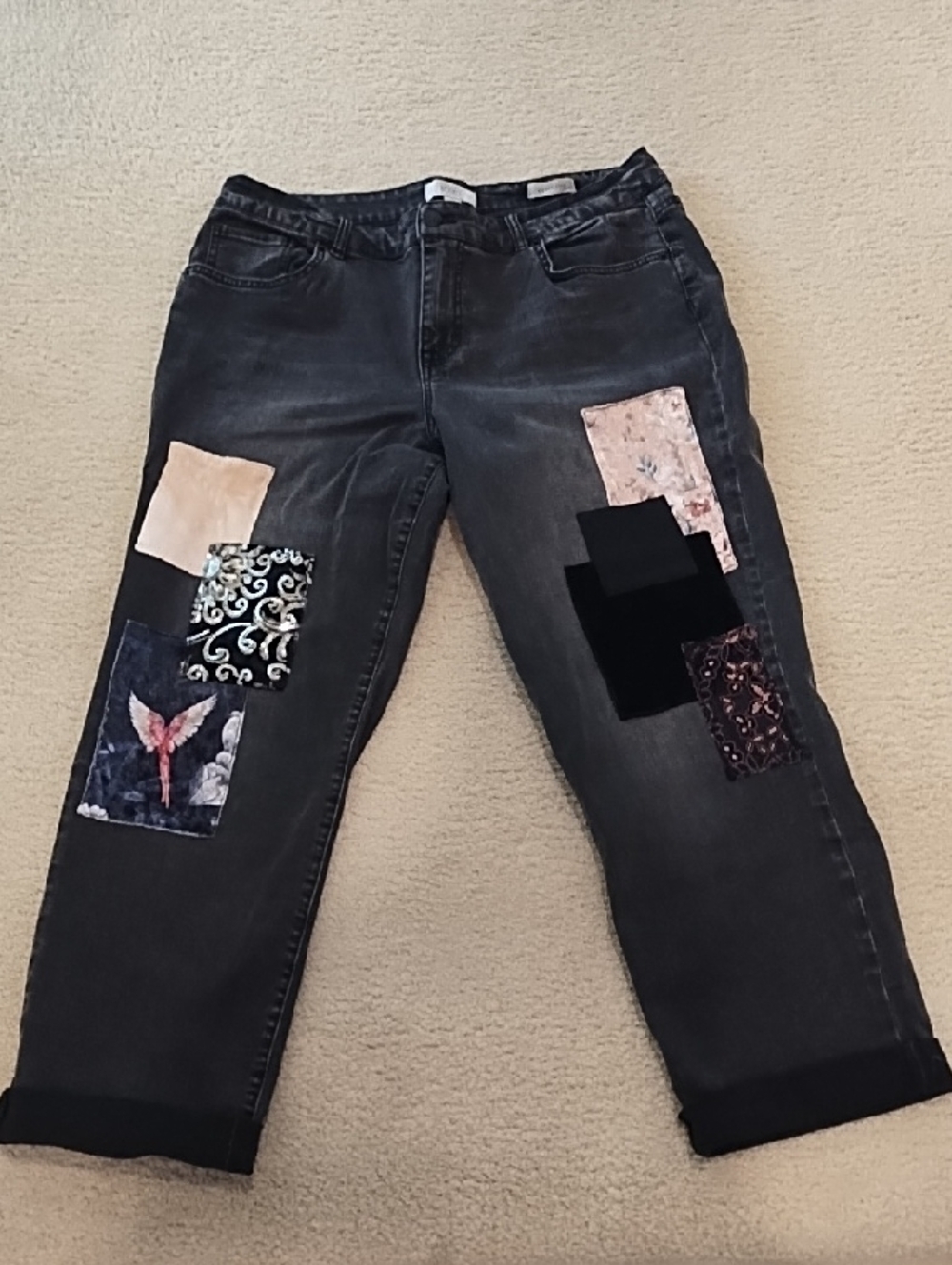 LOGO by Lori Goldstein Black Patchwork Boyfriend Jeans